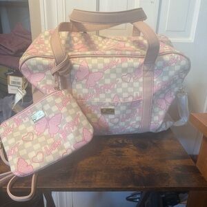 Betsey Johnson XL Weekender bag crossbody Pastel Rainbow Butterflies Pink grey.